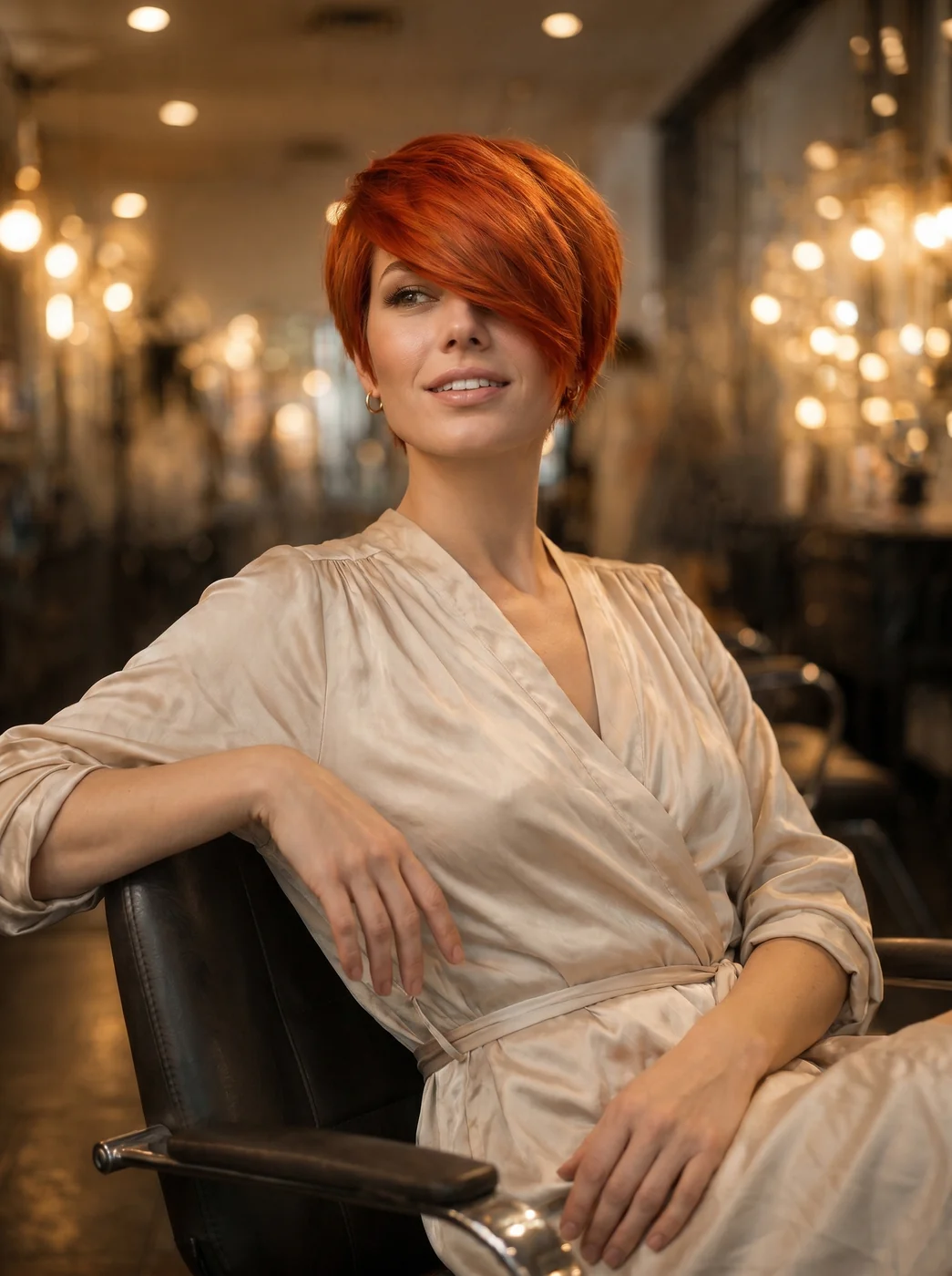 Klientka Salonu Glamour w fotelu fryzjerskim, krótkie strzyżenie pixie w intensywnej miedzi