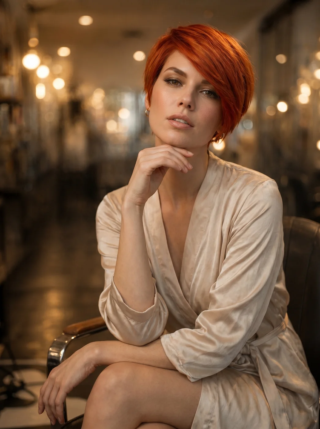 Klientka Salonu Glamour z krótkim strzyżeniem pixie w intensywnej miedzi — efekt koloryzacji